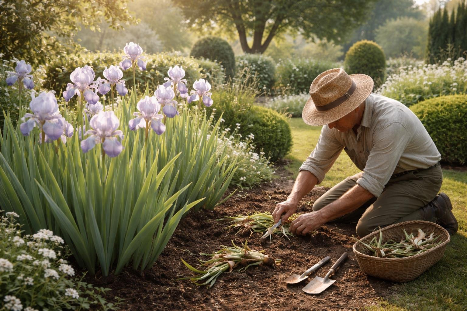 Dalmát nőszirom virágzás a rendezett kertben mediterrán, finom illattal és elegáns levélzéssel.