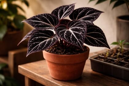 - Darth Vader begónia ritka szobanövény; sötét bársonylevelek kontrasztos rajzolatokkal.