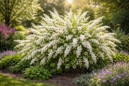 Hófehér virágzású dúsvirágú gyöngycserje kiültetés közelről, virágok borítják az ágakat.
