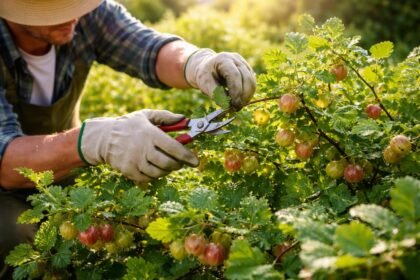 Egres bokor metszése közben friss zöld levelek és érett bogyók láthatók.