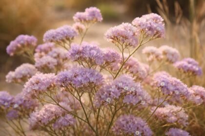 Egynyári sóvirág (Limonium sinuatum) virágágyásban, szárítható, színpompás virágszárral, hosszú ideig díszítő dekorációhoz.