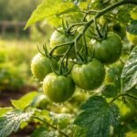 Zöldparadicsomok éretlen zöld színben a kertben, megmutatva felmerülő mérgező részeket.