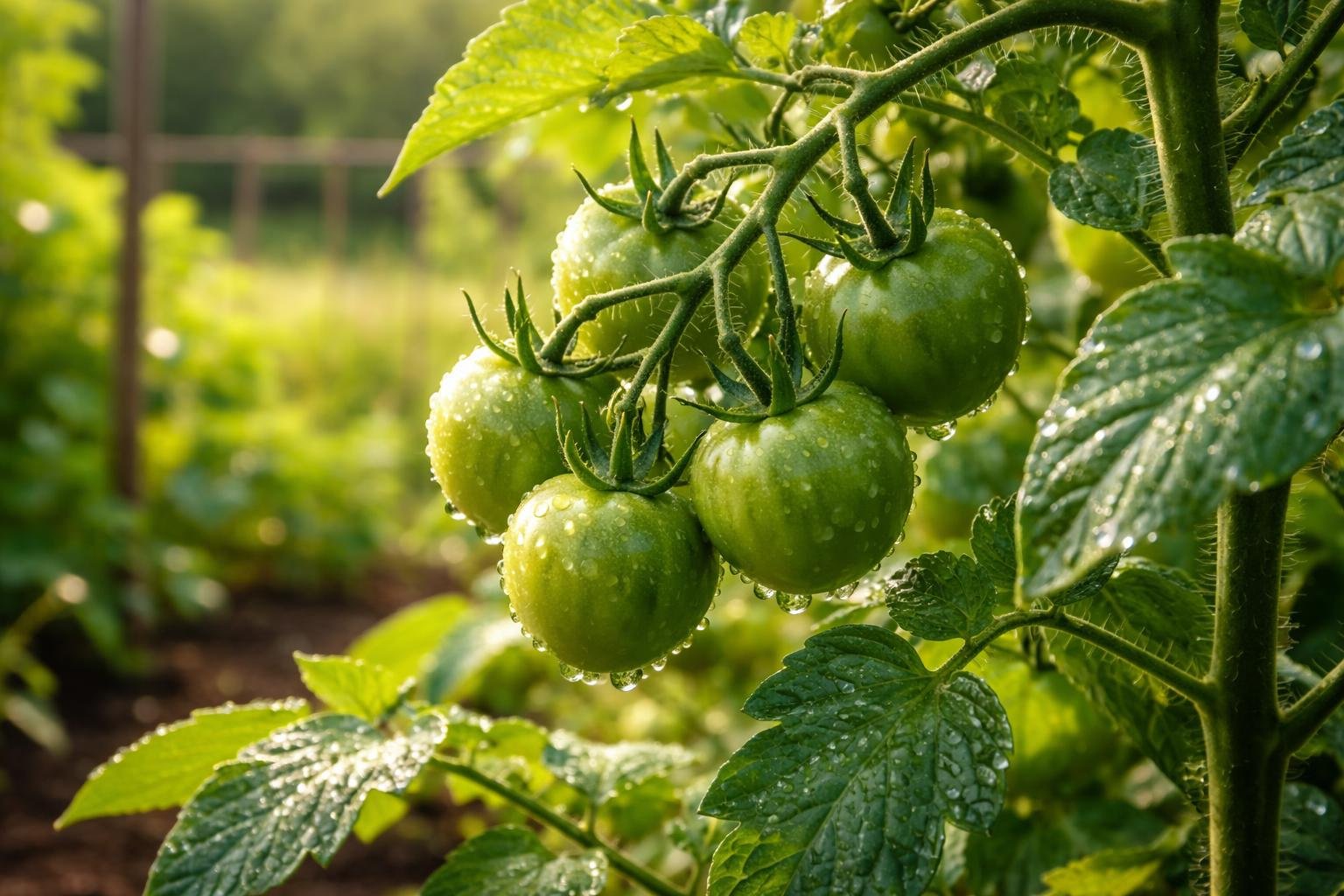 Zöldparadicsomok éretlen zöld színben a kertben, megmutatva felmerülő mérgező részeket.