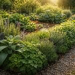 Kertben élő kerítés növények sorban, amelyek távol tartják a csigákat.