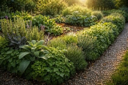 Kertben élő kerítés növények sorban, amelyek távol tartják a csigákat.
