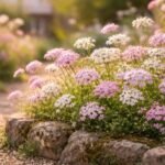 Ernyős tatárvirág Iberis umbellata virágzik sziklakertben, fehér és rózsaszín színárnyalatokban.