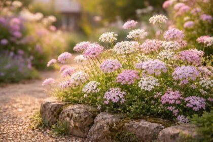 Ernyős tatárvirág Iberis umbellata virágzik sziklakertben, fehér és rózsaszín színárnyalatokban.