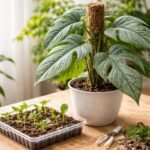 - Ezüst amydrium levelei ezüstös mintázatúak, krokodilbőr-hatás a sötét háttér előtt.