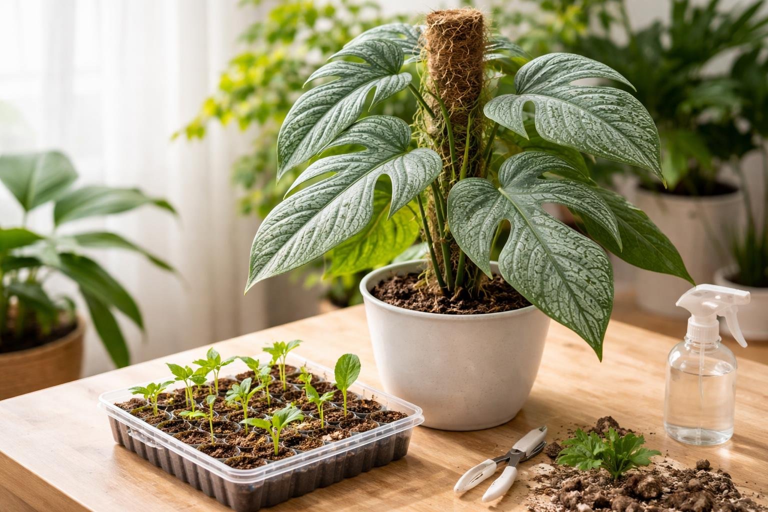 - Ezüst amydrium levelei ezüstös mintázatúak, krokodilbőr-hatás a sötét háttér előtt.