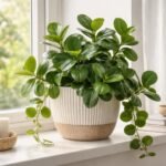 Fafojtó Ördögfüge élénk zöld levelei, függő csüngő szárakkal egy napfényes ablaknál.