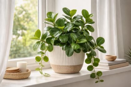 Fafojtó Ördögfüge élénk zöld levelei, függő csüngő szárakkal egy napfényes ablaknál.