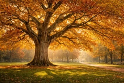 Magas fehér tölgyfa ágai között élénk őszi lombszínbe öltözött erdő.