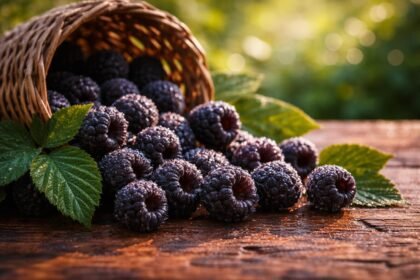 Fekete málna bokron termő, mély színű bogyók és levelek részlete.