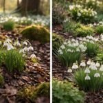 Hóvirágok a korai tavaszban, erdei avar között, vad és kertészeti példányok láthatók.