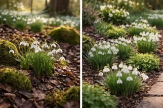 Hóvirágok a korai tavaszban, erdei avar között, vad és kertészeti példányok láthatók.
