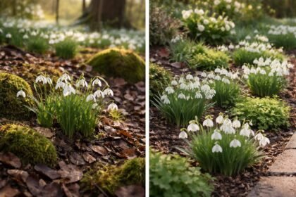 Hóvirágok a korai tavaszban, erdei avar között, vad és kertészeti példányok láthatók.