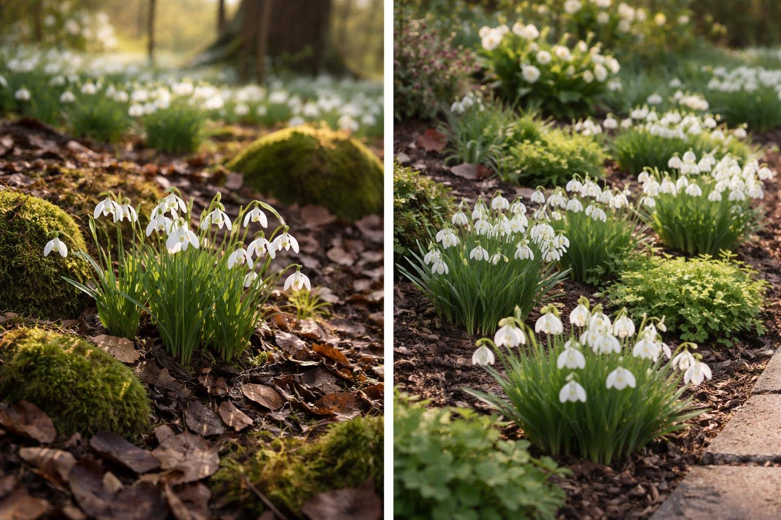 Hóvirágok a korai tavaszban, erdei avar között, vad és kertészeti példányok láthatók.