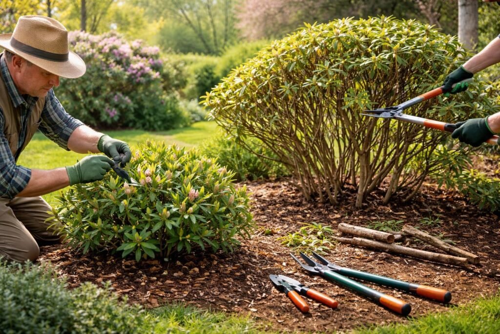 Fiatal és idős rhododendron bokrok metszési technikái