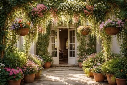 - Függőkosarak és ámpolnanövények virágzó zuhataga díszíti az erkélyt árnyékot adva.