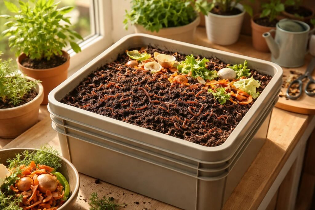 - Gilisztakomposzt készítése: gyorsan csökkenti a konyhai hulladékot, és természetes talajjavítót ad.