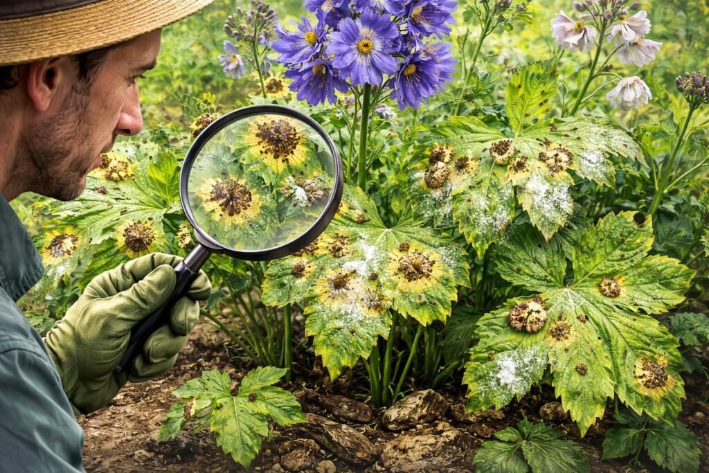 Sarkantyúfű leveleinek gombás fertőzés jelei, barna foltok és hervadó levélzet.