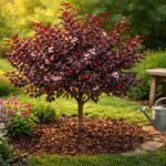 Gumibarack növény vöröses levelű, virágzó ágak és kisméretű gyümölcsök, díszítő keretben