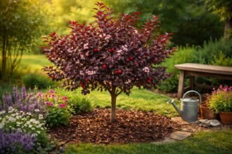 Gumibarack növény vöröses levelű, virágzó ágak és kisméretű gyümölcsök, díszítő keretben