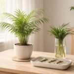 Gyompálma beltéri növény fotó félárnyékban, világos zöld levelekkel és karcsú szárakkal