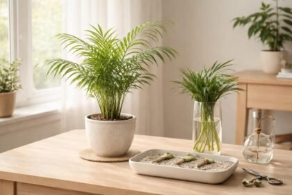 Gyompálma beltéri növény fotó félárnyékban, világos zöld levelekkel és karcsú szárakkal