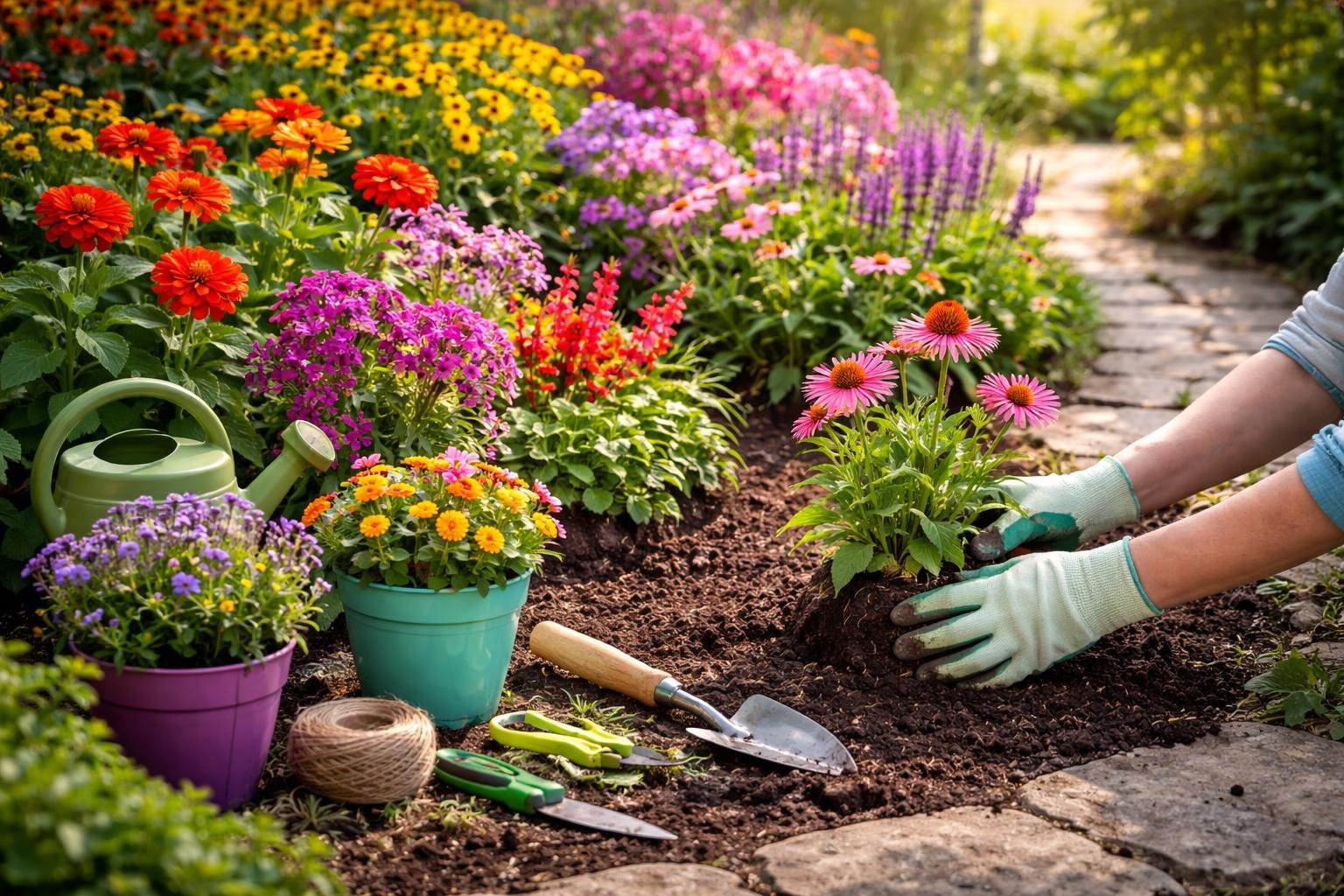 Virágoskert gyors tanácsokkal: napfényes ágyások, színpompás, strapabíró növények egész szezonban.