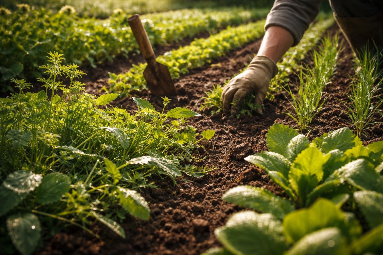 Kertben a gyomok gyorsan terjeszkednek a zöldségek és dísznövények közelében.