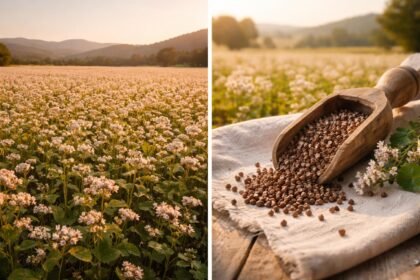 Hajdina növények sárga virágokkal és zöld levelekkel a termeszési táblán.