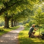 Hársfa (Tilia) lombjai és illatos virágai, árnyékos díszfaként a kertben élnek.