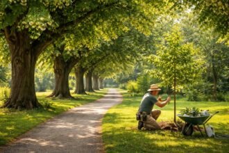 Hársfa (Tilia) lombjai és illatos virágai, árnyékos díszfaként a kertben élnek.