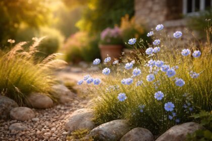 Hegyi len virágzó, kék színű virágokkal dekorált sziklakeret napos részén.
