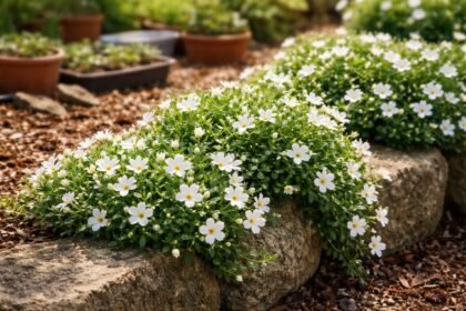 Hegyicsucsor Nierembergia konténerben, napos sarokban, fehér és lila virágokkal díszíti a sziklakertet.