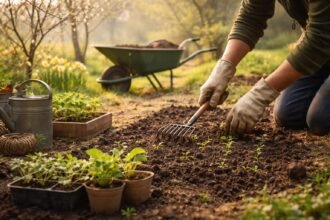 Kertben a talaj felengedése március végén, rügyek duzzadása és magok előkészülése.