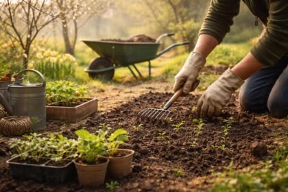 Kertben a talaj felengedése március végén, rügyek duzzadása és magok előkészülése.
