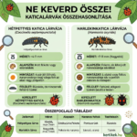 Katicalárvák összehasonlítása: hétpettyes katica és harlekinkatica felismerése a kertben termelt növényeken.