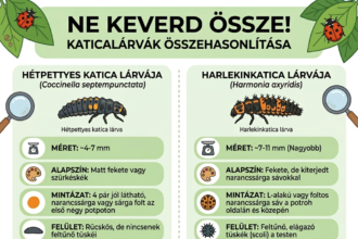 Katicalárvák összehasonlítása: hétpettyes katica és harlekinkatica felismerése a kertben termelt növényeken.