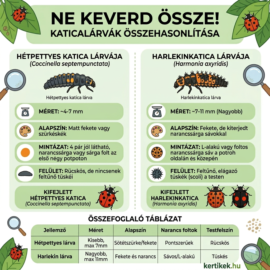 Katicalárvák összehasonlítása: hétpettyes katica és harlekinkatica felismerése a kertben termelt növényeken.