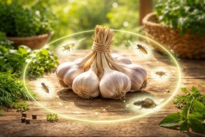 Közeli felvétel fokhagyma gerezdekről és illóolajokról, amelyek riasztják a kártevőket.