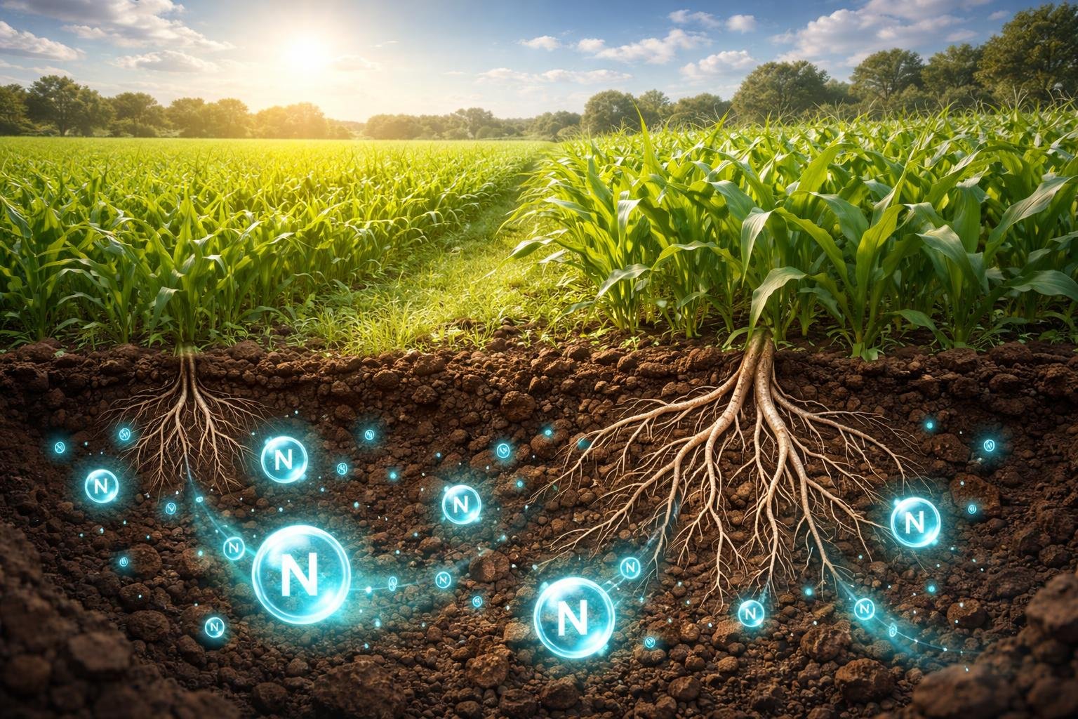 Növények nitrogénműtrágyával kezelt talajban növekedésének megfigyelése érzékelhető zöld szín és levelek vastagodása, optimális kijuttatás jelzése