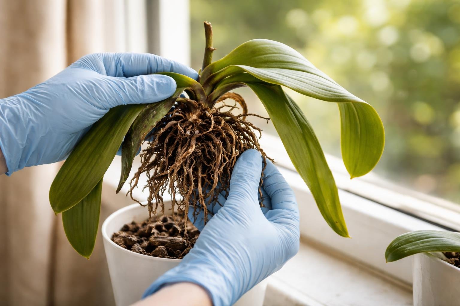 Lila orchidea lekonyuló levelekkel és barnult gyökerekkel gondozás alatt, gyökérvizsgálat közben figyelhető.