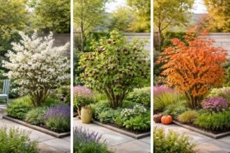 Rézvörös fanyarka (Amelanchier lamarckii) virágzó cserje, fehér virágokkal, nyáron bogyókkal és őszi lombszínnel.