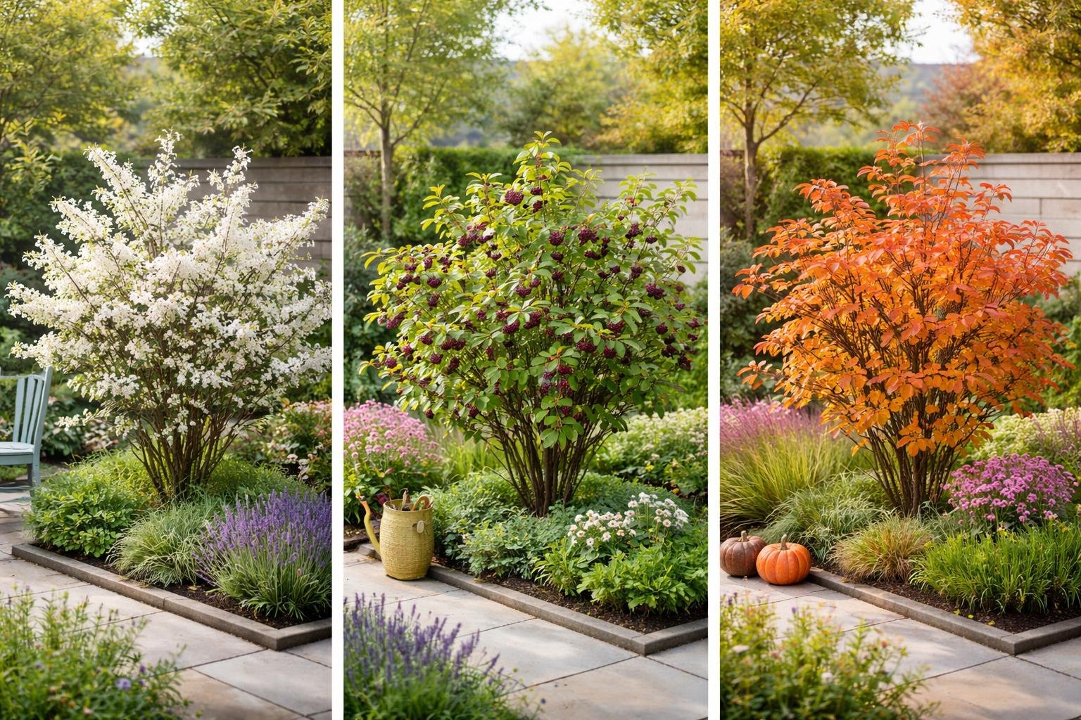 Rézvörös fanyarka (Amelanchier lamarckii) virágzó cserje, fehér virágokkal, nyáron bogyókkal és őszi lombszínnel.