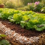 Zöld kertben meztelencsigák jelennek meg, miközben természetes védekezési módszerek láthatók.