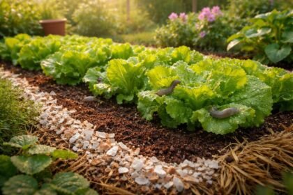 Zöld kertben meztelencsigák jelennek meg, miközben természetes védekezési módszerek láthatók.