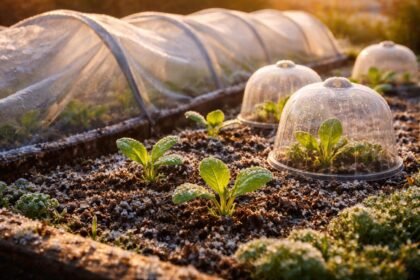 Kora tavaszi palánták védelmét szemlélteti ez a felvétel fólia alatt.