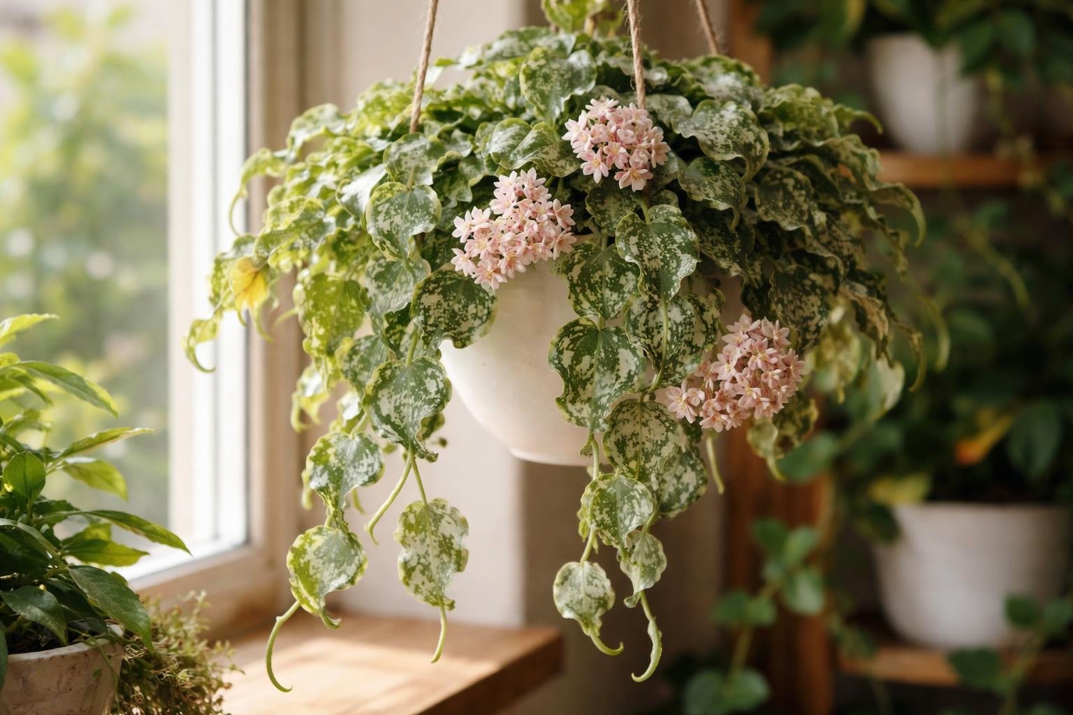 Hullámos viaszvirág Hoya undulata levél mintázat, fényes szobadísz az ablakban növekedési környezetben.